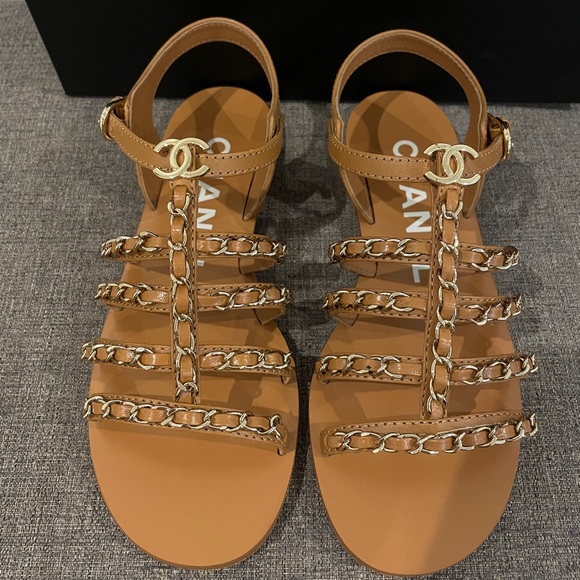 Chanel Light Brown Gladiator Sandals with Gold Chains - Picture 2 of 11